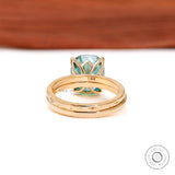 Elongated Cushion Dark Blue Green/Cyan Moissanite Starburst Ring Set, Tulip Engagement Ring With Matching Celestial Band, 18K Yellow Gold