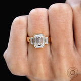 Three Stone Moissanite Ring Emerald Thick Band Engagement Ring 10k 14k 18k Bezel Set Yellow Gold Wedding Ring Baguette Side Stones