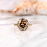 Bezel Set Oval Champagne Moissanite Engagement Ring, 14K Yellow Gold Wedding Ring, Old Mine Cut Ring, Oval Solitaire Ring, Satin Finish Ring
