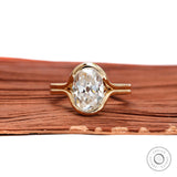 Oval Moissanite Engagement Ring Split Shank Half Bezel Old Mine Cut Floating Setting 14k Gold Statement Ring for Women Unique Design