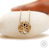 14K Solid Gold Flush Set Lab Grown Diamond Studded Circle Pendant Necklace, Scattered Diamond Gypsy Set Contemporary Pendant Necklace