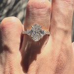 Oval lab grown diamond or moissanite three stone engagement ring yellow gold
