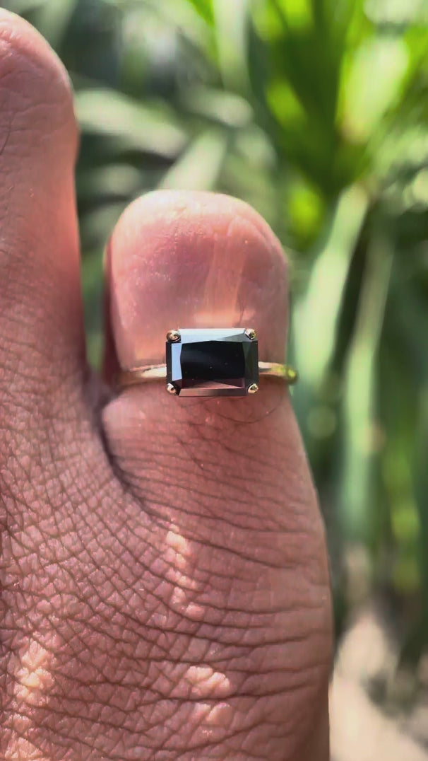 East west radiant cut black moissanite ring yellow gold video