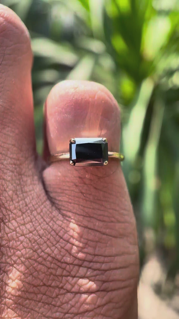 East west radiant cut black moissanite ring yellow gold video