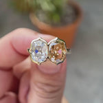 Dual elongated cushion Old Mine Cut moissanite bezel set Toi et Moi ring in 10K yellow gold rotating view