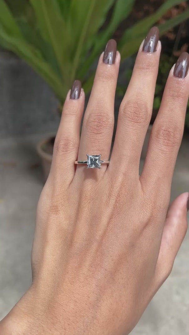 Solitaire princess cut grey moissanite ring video on fingure