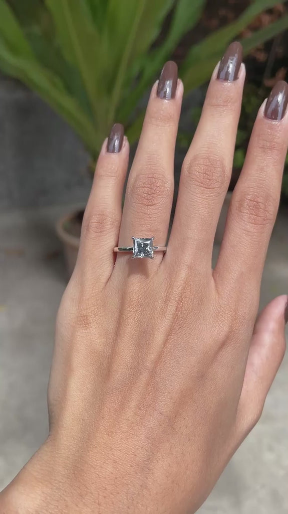 Solitaire princess cut grey moissanite ring video on fingure
