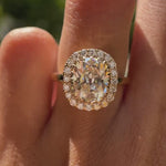Light champagne moissanie halo wedding ring yellow gold video
