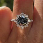 Round cut grey moissanite halo cathedral wedding ring white gold video