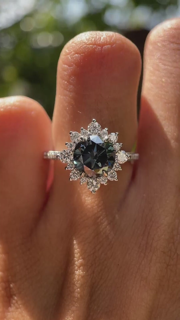 Round cut grey moissanite halo cathedral wedding ring white gold video