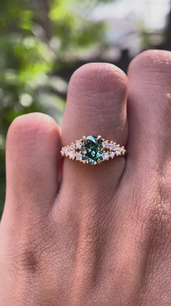 Gemstone cluster engagement ring yellow gold matt finish