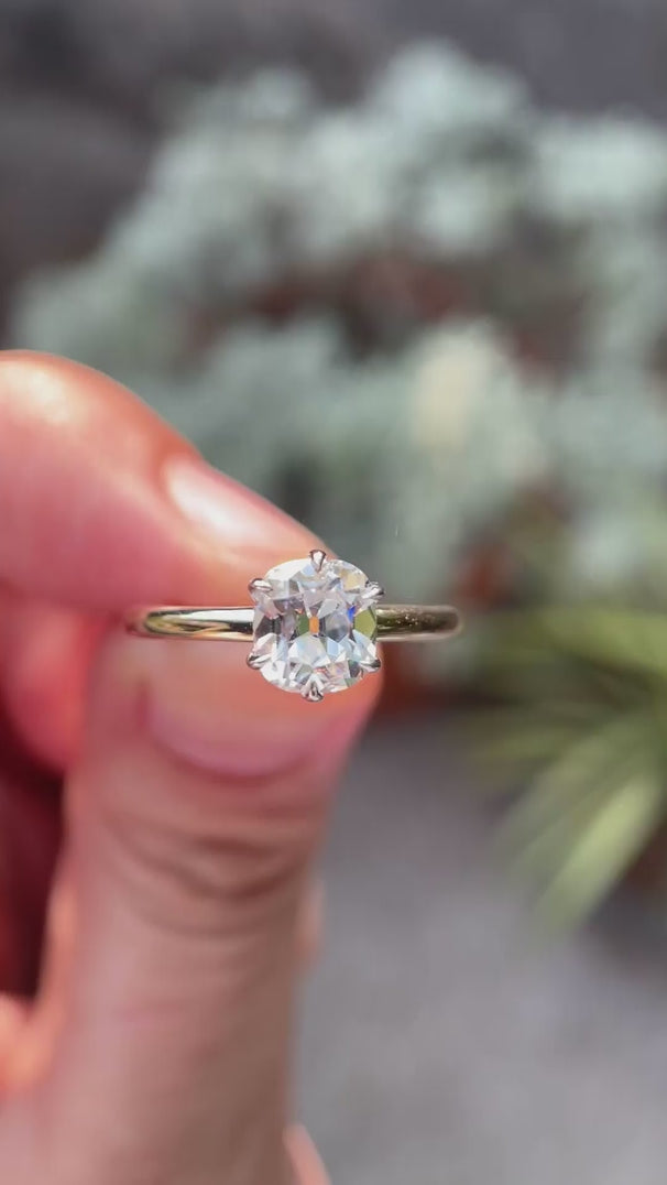 Old mine cut elongated cushion two tone gold ring video