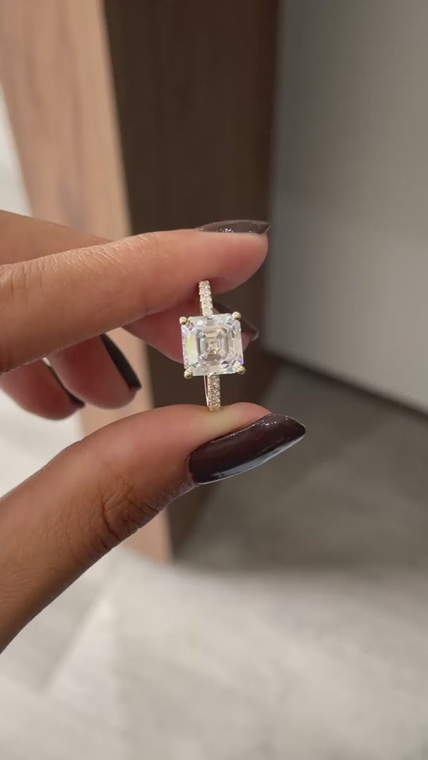 Step cut asscher lab diamond cathedral engagement ring video
