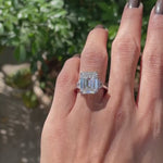 Emerald cut moissanite three stone engagement ring on hand video