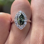 Marquise cut blue green moissanite halo ring video