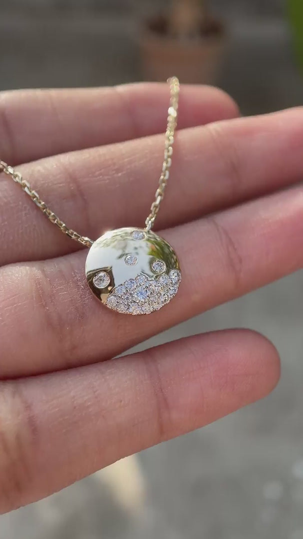 Scattered lab grown diamond disc pendant on yellow gold chain video