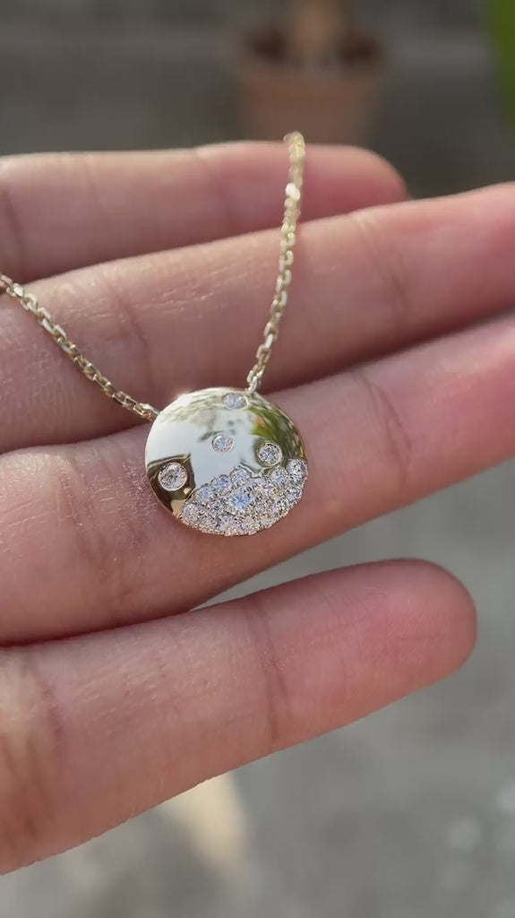 Scattered lab grown diamond disc pendant on yellow gold chain video