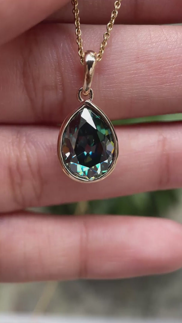 Pear Bezel Dark Green OMC Teardrop Statement Pendant 