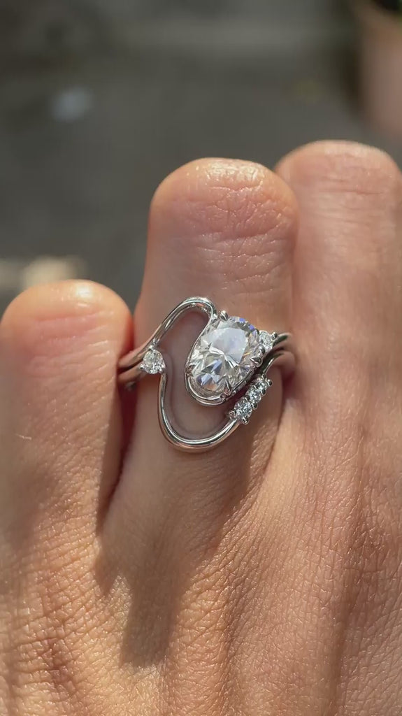 Oval Wave Engagement Ring Set Made With Lab Diamond And White Gold