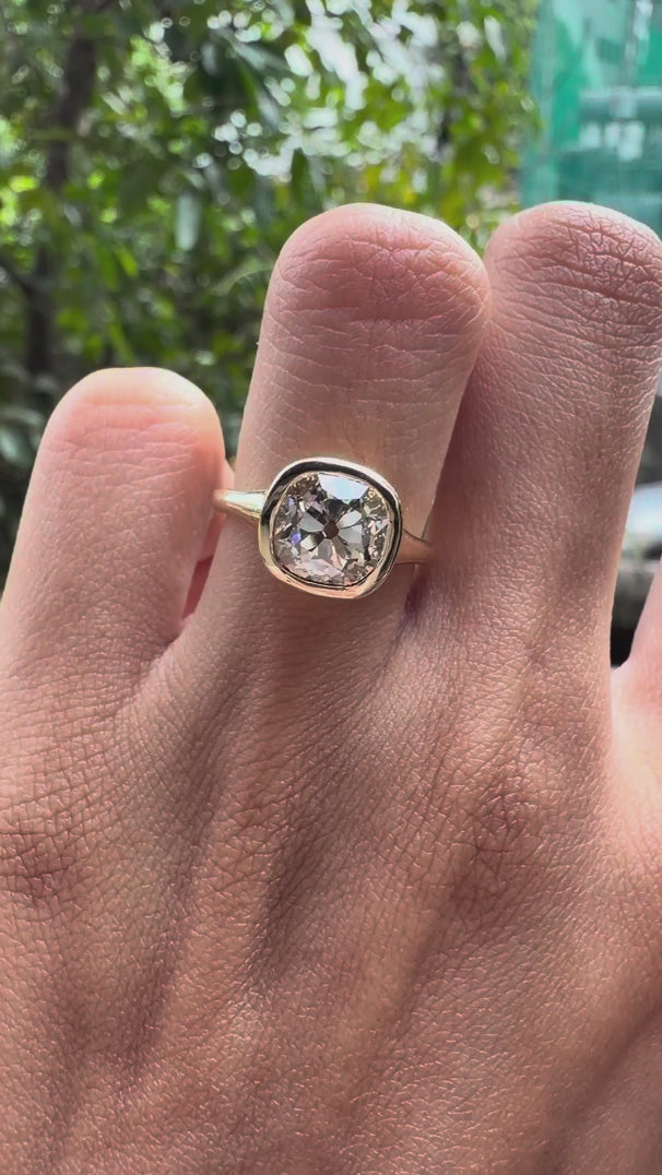 Antique old mine cushion lab diamond bezel set signet engagement ring
