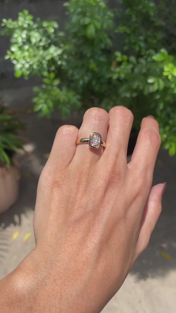 Chunky Bezel Champagne Moissanite Ring, Thick Band, OMC Elongated Cushion, 14k Yellow Gold video