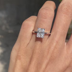 Radiant cut moissanite solitaire ring on hand in white gold video
