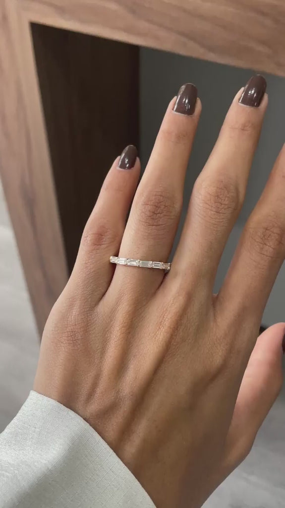 Emerald cut lab diamond stacking band ring east west setting