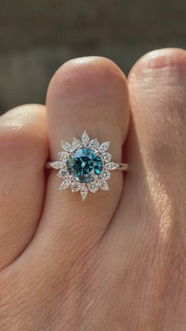Round fancy vivid blue lab grown diamond halo ring
