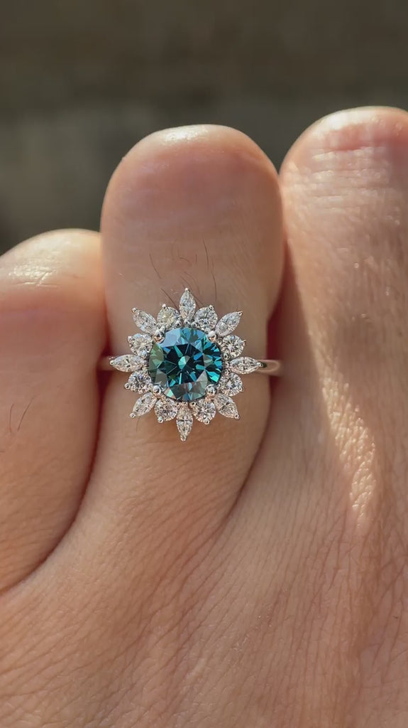 Round fancy vivid blue lab grown diamond halo ring