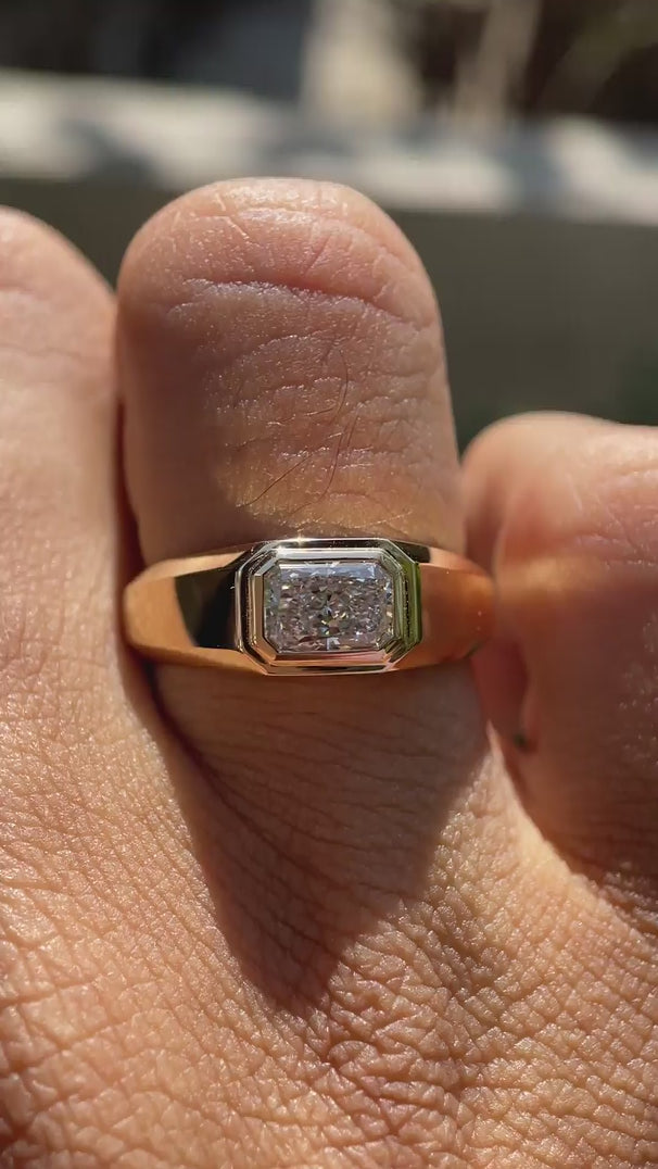 Mens lab diamond east west signet ring polished yellow gold video