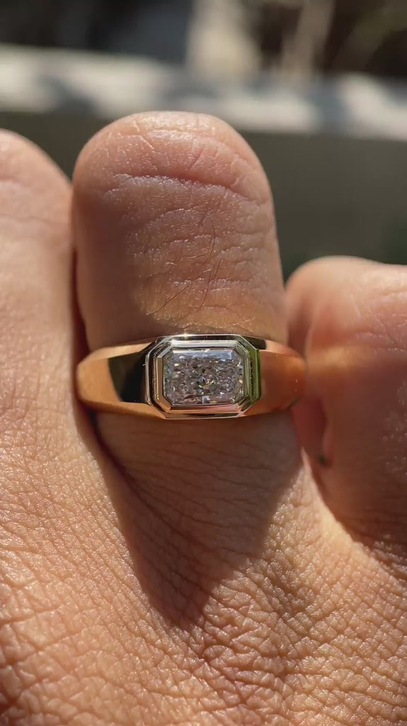 Mens lab diamond east west signet ring polished yellow gold video