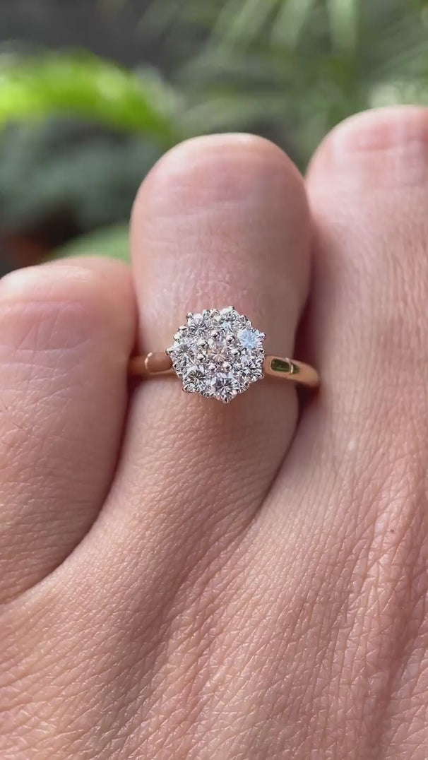 Video showcasing round lab grown diamond cluster ring in 18K yellow gold with multi-stone sparkle