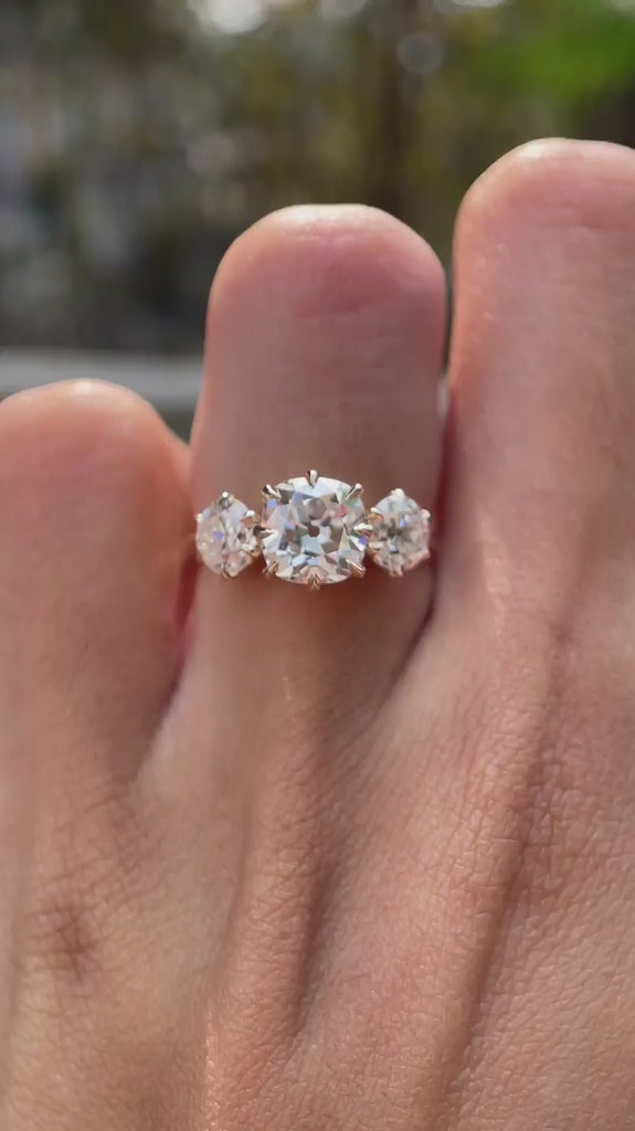Cushion moissanite three stone ring video