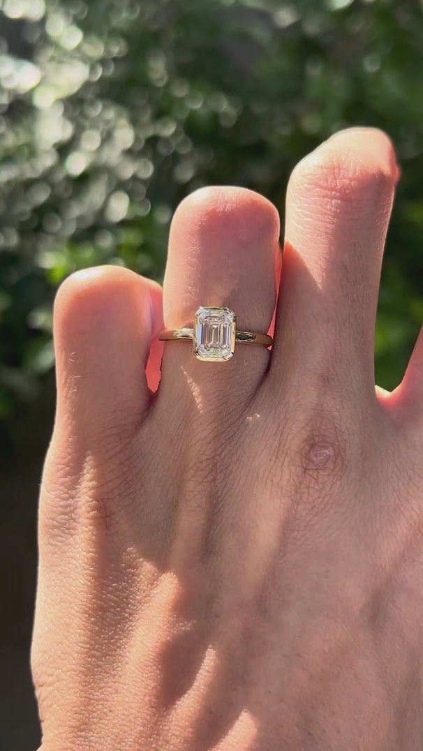 Floating emerald cut lab diamond bezel engagement ring, 1.50 CT, 14k yellow gold