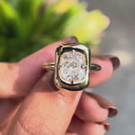 360 degree rotating view of cushion cut moissanite chunky ring in yellow gold
