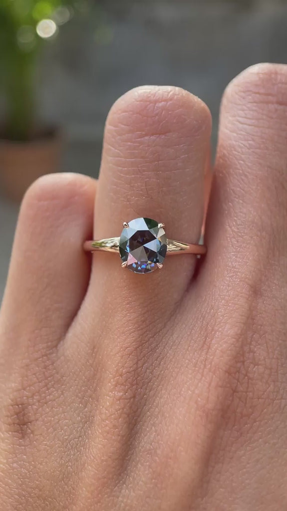 Rose cut oval blue moissanite ring in 10k rose gold