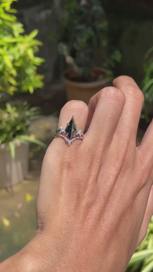 Gothic engagement ring set featuring kite cut black moissanite solitaire ring with platinum chevron wedding band