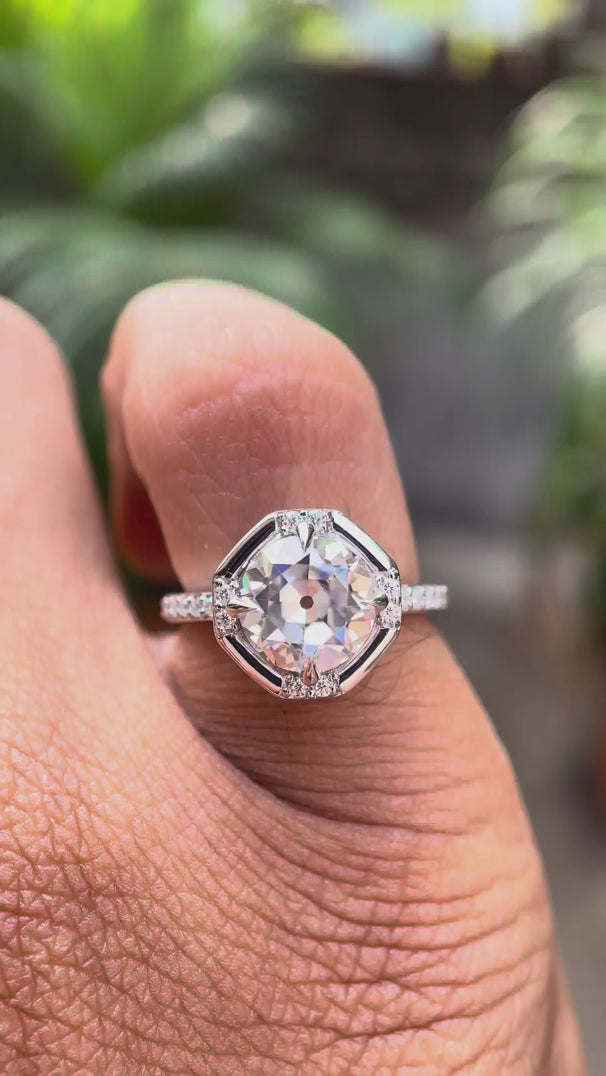 Vintage style Old European cut moissanite ring on fingure video