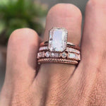 Trio rose gold wedding bands showcasing twisted, pave, and baguette details