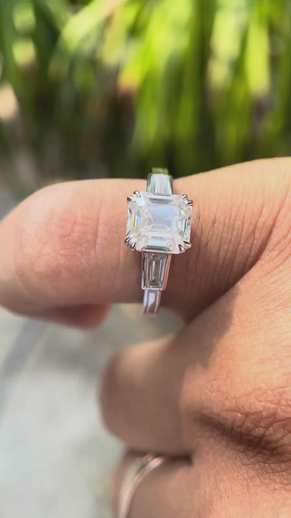 Asscher cut moissanite three stone trilogy ring video