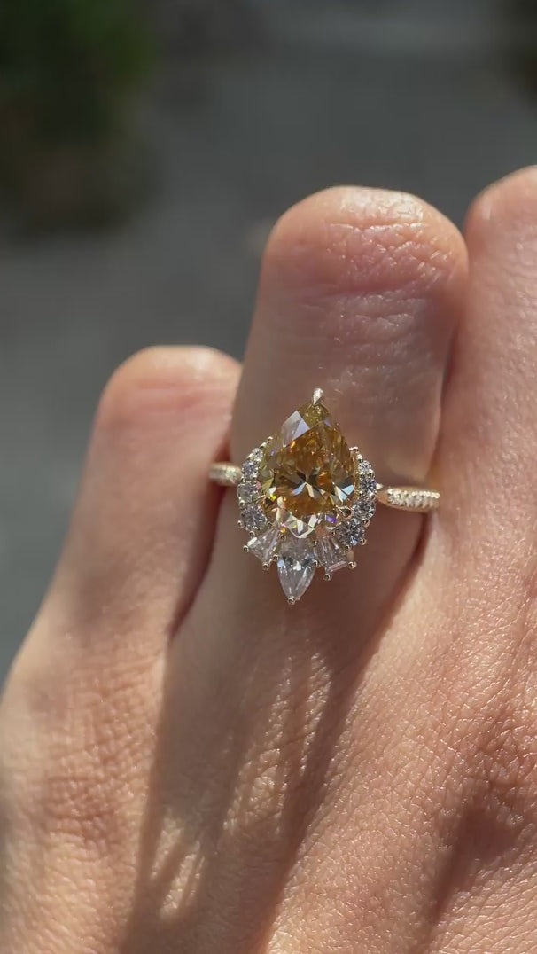 10k Yellow Gold Pear Champagne Moissanite Engagement Ring with Half Halo Cluster