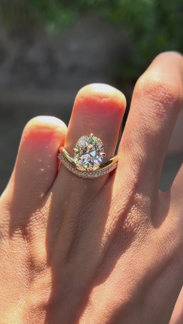 Elongated cushion lab diamond compass setting curved bridal ring set 14k yellow gold.