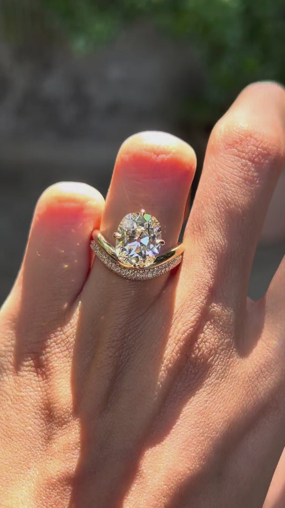 Elongated cushion lab diamond compass setting curved bridal ring set 14k yellow gold.
