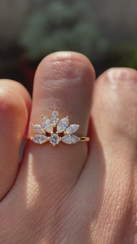 Marquise and round lab grown diamond leaf cluster ring in 14K yellow gold