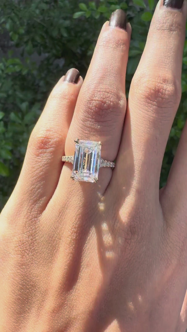 Emerald cut solitaire lab diamond engagement ring with pave split shank, 4.5 ct  10k yellow gold