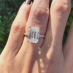 Emerald cut solitaire lab diamond engagement ring with pave split shank, 4.5 ct  10k yellow gold