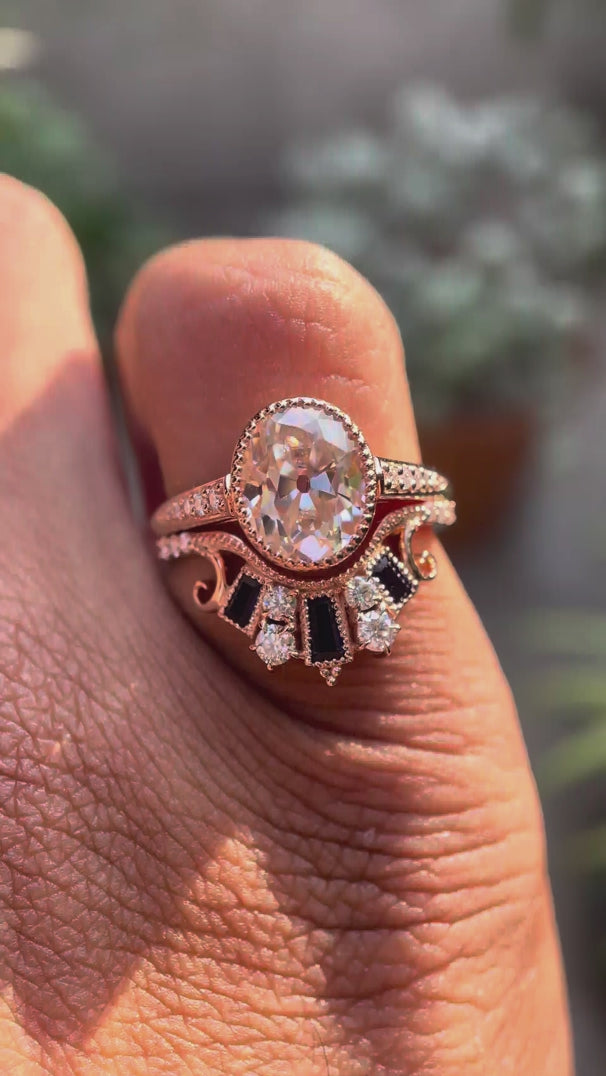 Antique style bridal moissanite ring set with crown band video