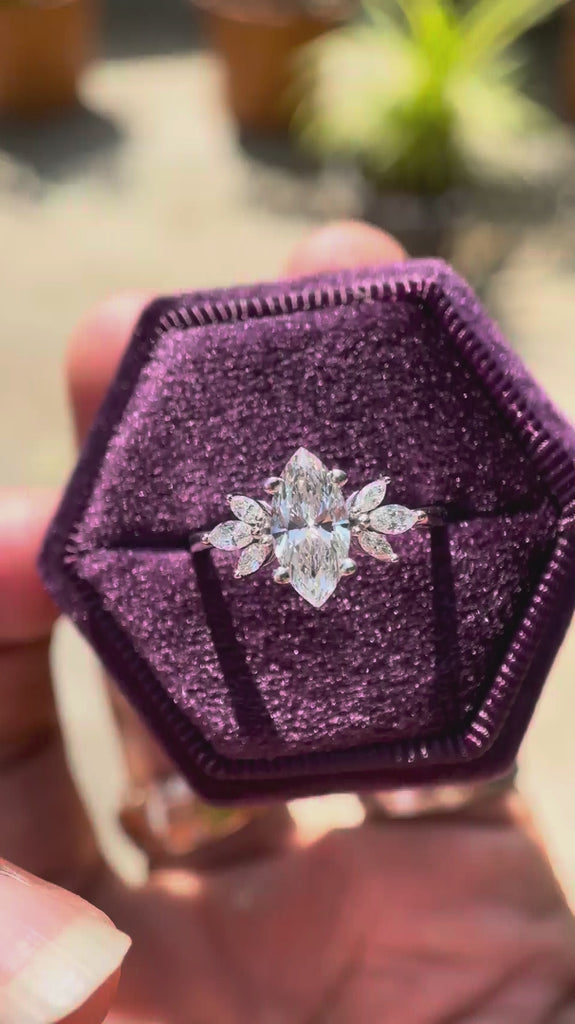 Marquise lab grown diamond cluster engagement ring in 14K white gold shown from multiple angles