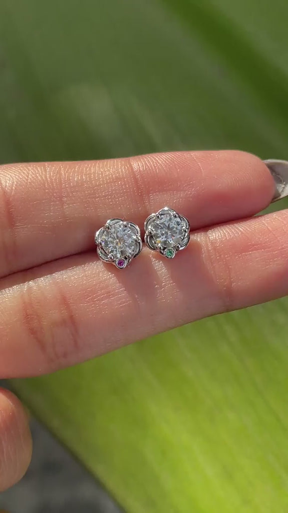 round moissanite braided birthstone stud earrings screw back 14k white gold 