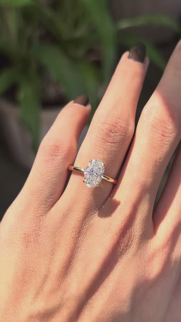 Hidden halo oval engagement ring, 2 Ct lab diamond, 18k yellow gold